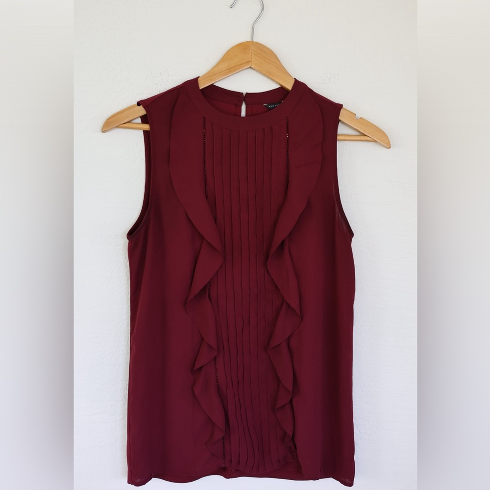 Ann Taylor, Mixed Media Pintucked Ruffle Shell, Scarlet Lily, XS